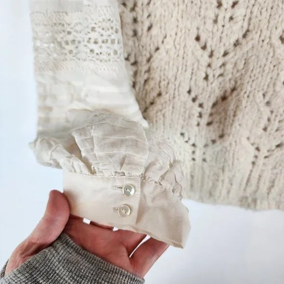 Sea New York Ellie Combo Sweater Cable Knit Puff Lace Sleeves Cream Alpaca Wool - Picture 7 of 14